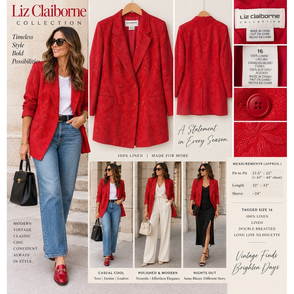 Liz Claiborne Collection Womens 16 Red Linen Blazer Double Breasted Longline